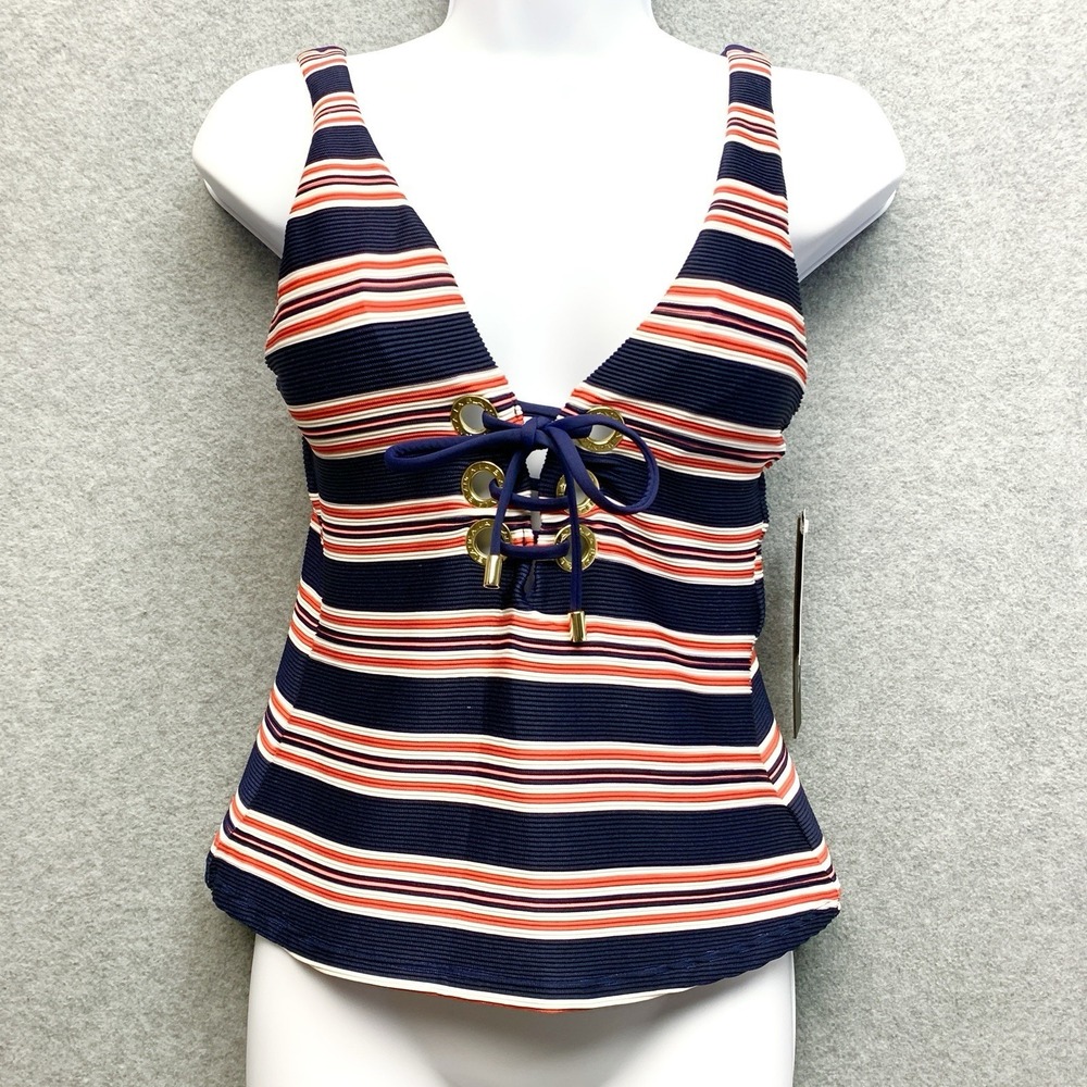 La Blanca Sailor Stripe Lace-Up Ribbed Tankini Top Sz 4 Resort Beach‎ Cruise NWT